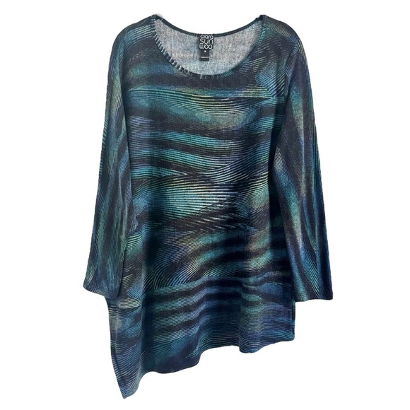 CLARA SUNWOO BLACK BLUE STRIPED PONCHO SLEEVE TOP SWEATER TUNIC SZ M - Picture 3 of 8